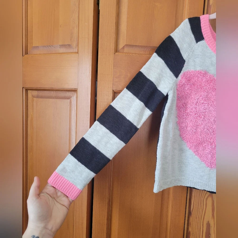 Girls Justice Pink Fuzzy Heart Sweater with Cream And Black Stripes 10